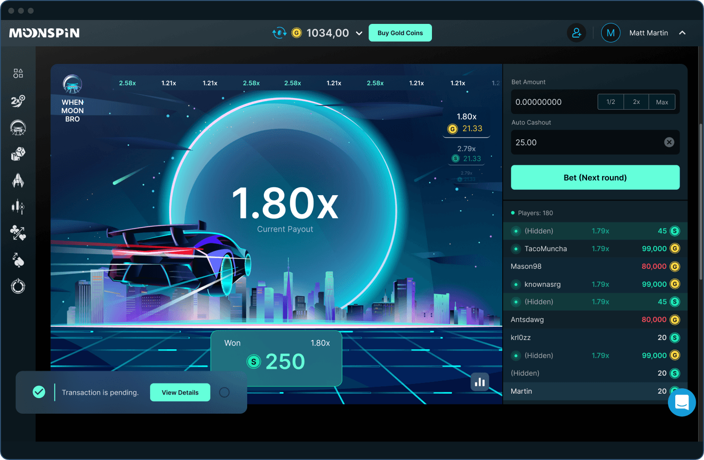 Moonspin crypto casino platform and web game interface