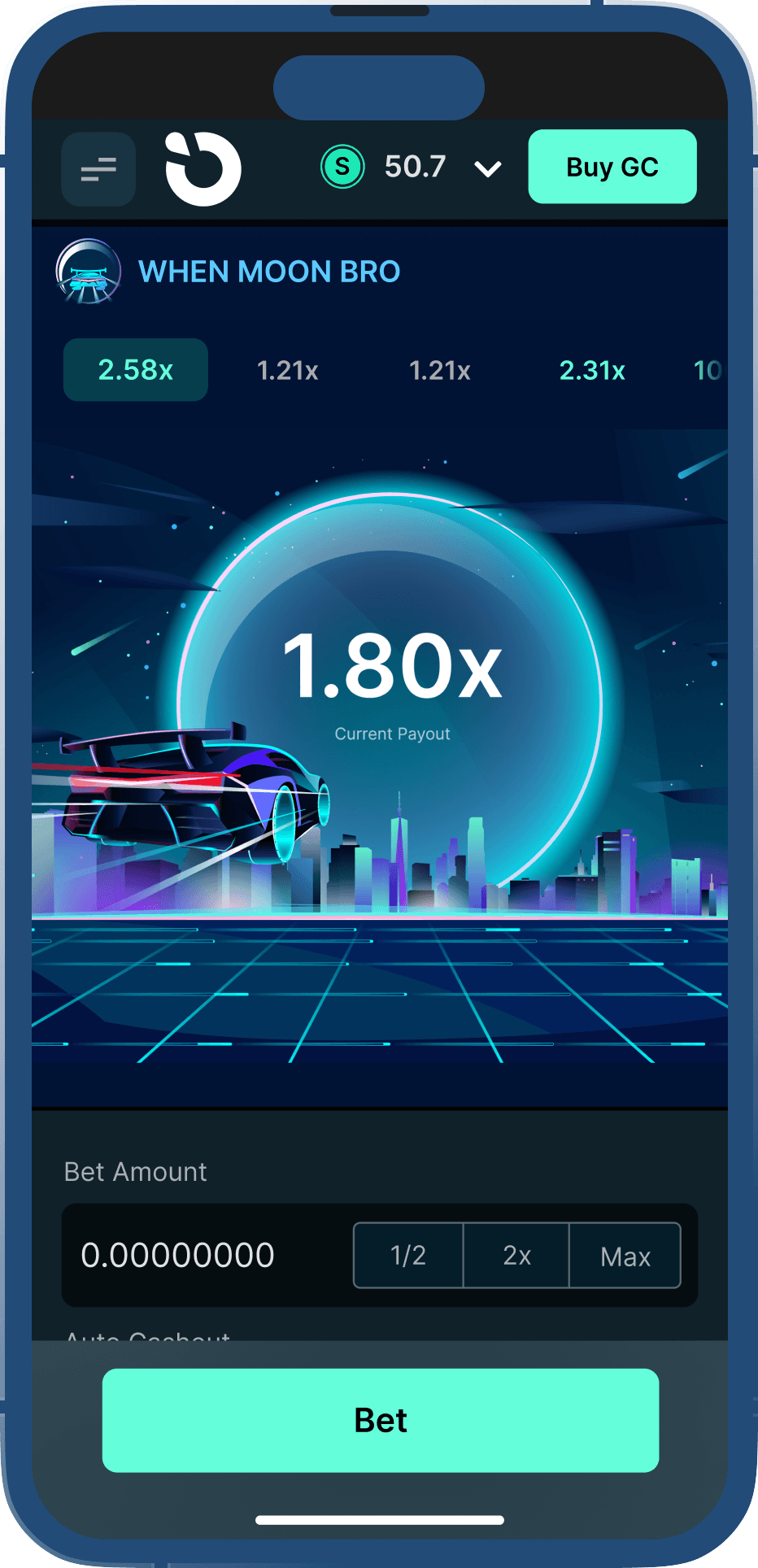 Moonspin crypto casino platform and web game interface